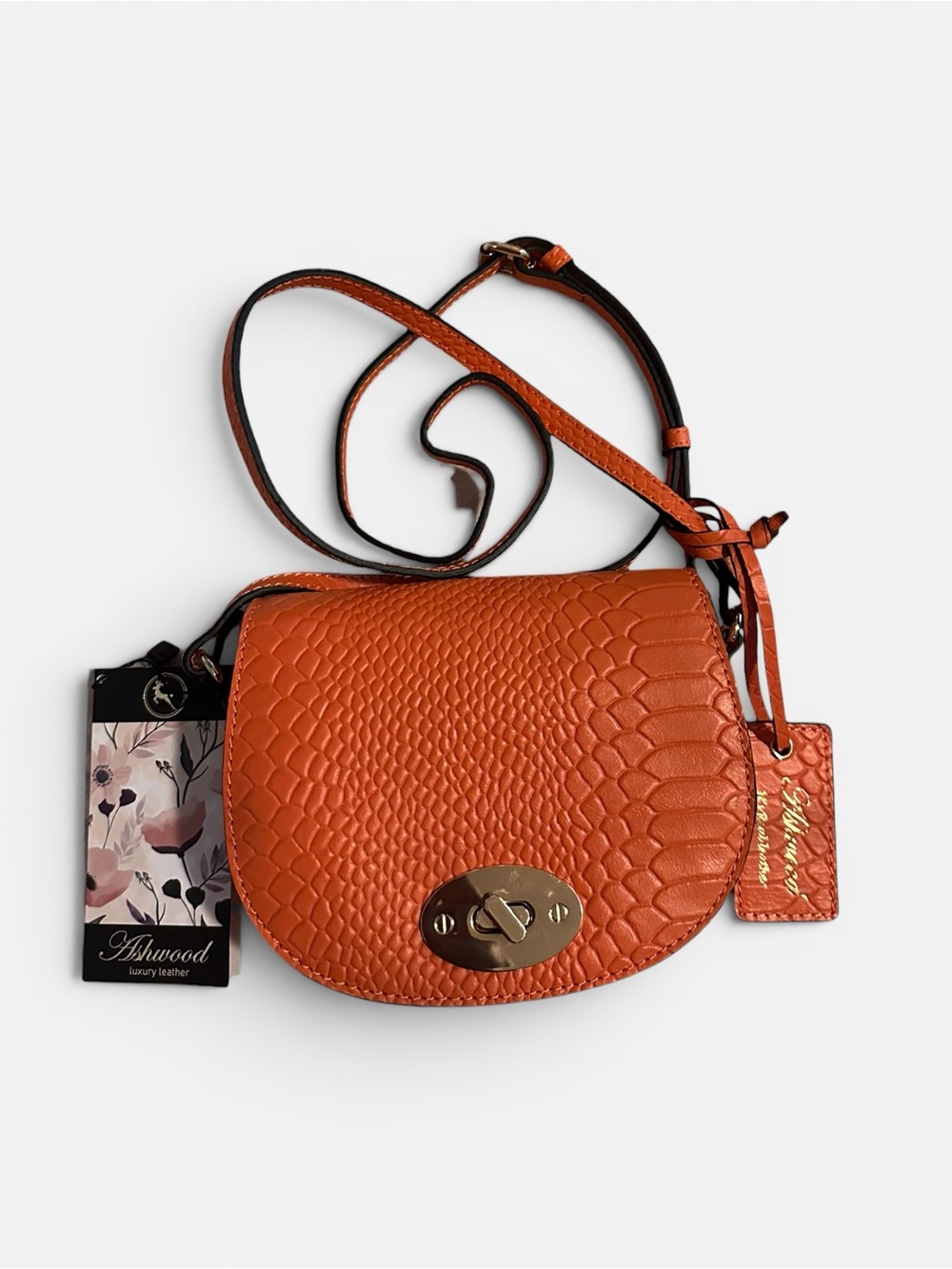 Ashwood Orange Reptile-Textured Crossbody Bag